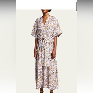 Wisteria Vine Cuffed-Sleeve Belted Maxi Dress